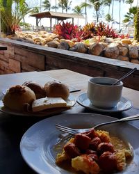 High angle view of breakfast served on table