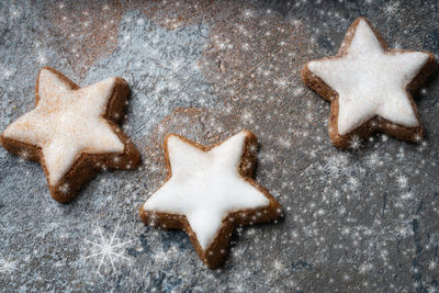 High angle view of cookies on christmas tree during winter