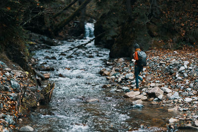 Man walking on rocks in forest