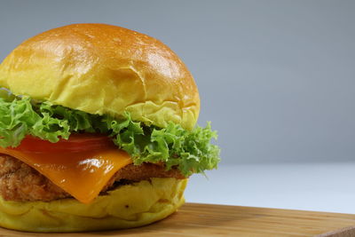 Close-up of burger on table