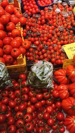 High angle view of tomatoes for sale at market stall
