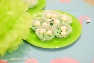 High angle view of cupcakes on table