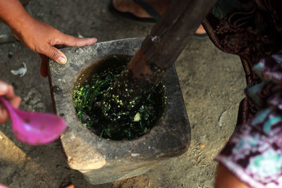 High angle view of woman preparing food at home