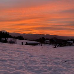 Snow covered land during sunset