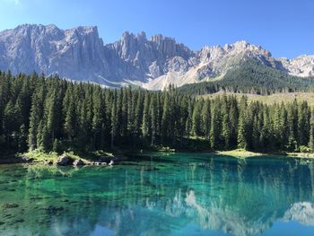 Scenic view of lake by mountains against sky