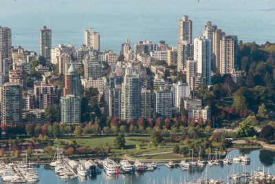 Aerial view of city buildings by lake against sky