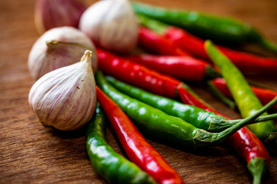 Close-up of chili peppers on table