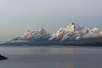 Scenic view of lake and snowcapped mountains against sky