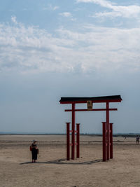 Rear view of woman on beach against sky