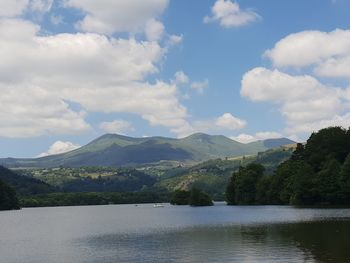 Scenic view of lake and mountains against sky