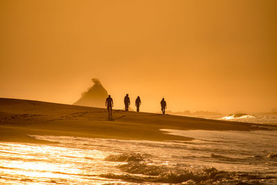 Silhouette people on shore against sky during sunset