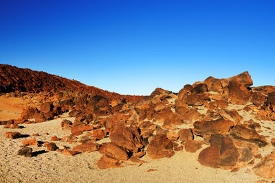 Rocks at el teide national park against clear blue sky