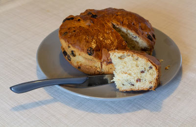 High angle view of bread in plate on table