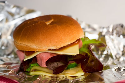 Close-up of burger on table