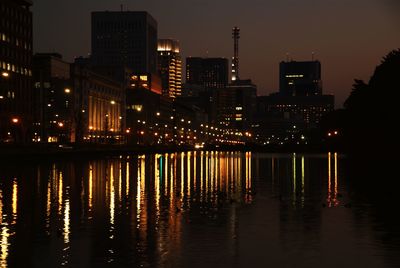 View of city lit up at night