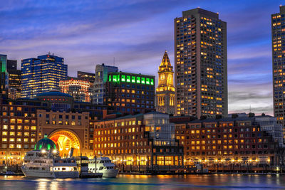 Boston skyline from fan pier at the fantastic twilight time with smooth water river 