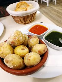 High angle view of food in plate on table