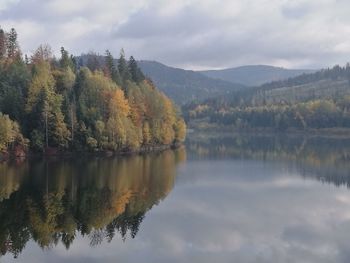 Scenic view of lake by trees against sky