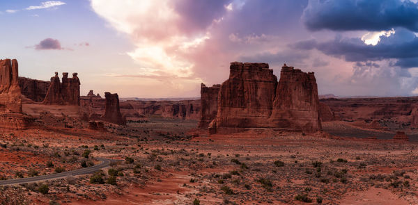 Panoramic view of rock formations at sunset