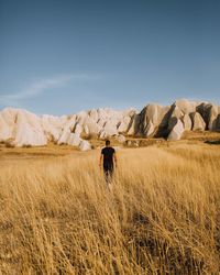 Rear view of man walking on grassy land