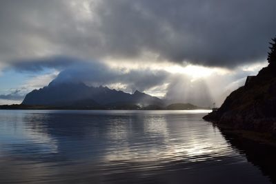 Panoramic view of sea and mountains against sky