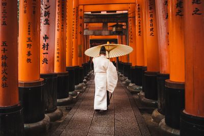 Rear view of man standing in temple outside building