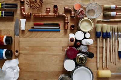 High angle view of objects on table