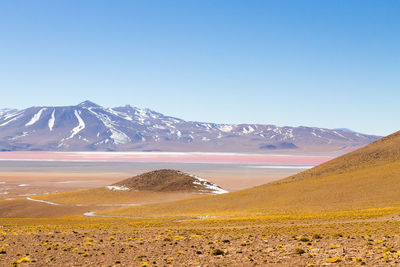 Scenic view of snowcapped mountains against clear blue sky