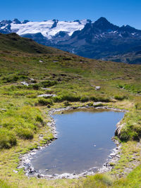 Pond by snowcapped mountain against clear sky