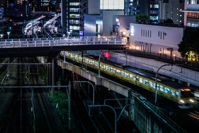 High angle view of train at night