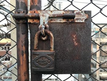 Close-up of padlock on metal gate