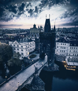 High angle view of city buildings against cloudy sky