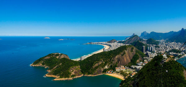 Panoramic view of bay against clear blue sky