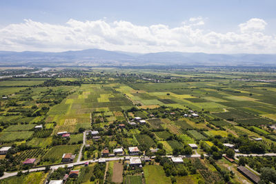 Telavi view from the helicopter, high angle view of the village and fields, georgian country view