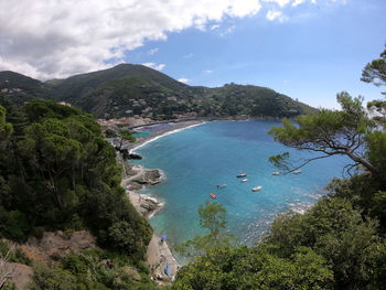 High angle view of bay against sky