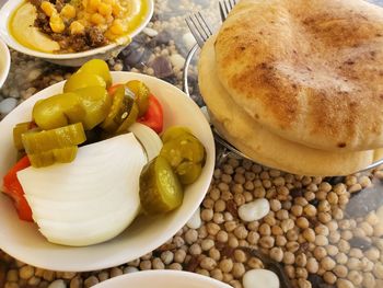 High angle view of breakfast on table
