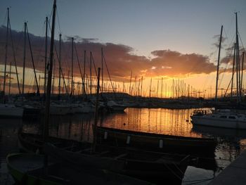 Sailboats moored at harbor