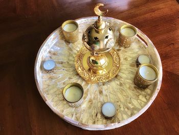 High angle view of illuminated decoration on table