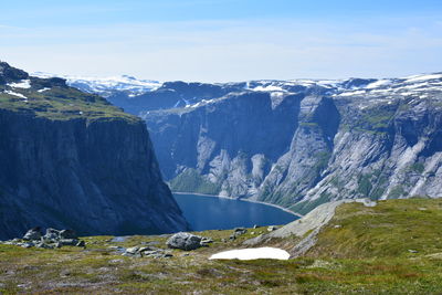 Scenic view of lake and mountains against sky