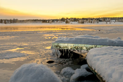 Scenic view of frozen sea against sky during sunset