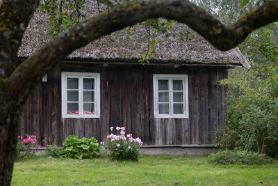 An old, wooden log building in countryside of latvia, europe. wooden architecture.