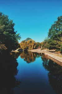 Scenic view of lake against clear blue sky