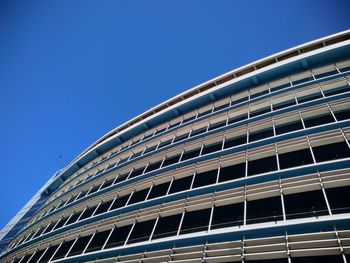 Low angle view of modern building against clear blue sky