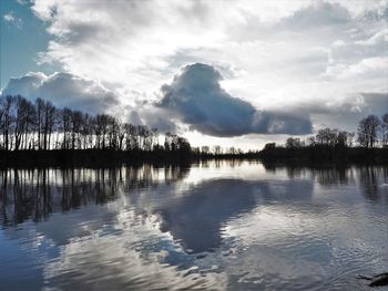 Scenic view of lake against cloudy sky