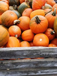 Close-up of pumpkins in container at market