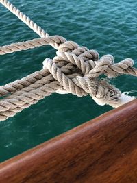 High angle view of rope tied to wooden boat on sea