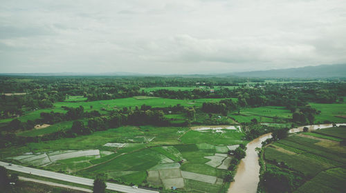 High angle view of agricultural field against sky