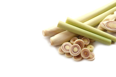 High angle view of candies on white background