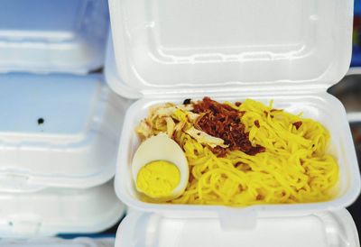 High angle view of food in plate on table