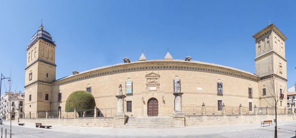 Low angle view of historic building against clear sky